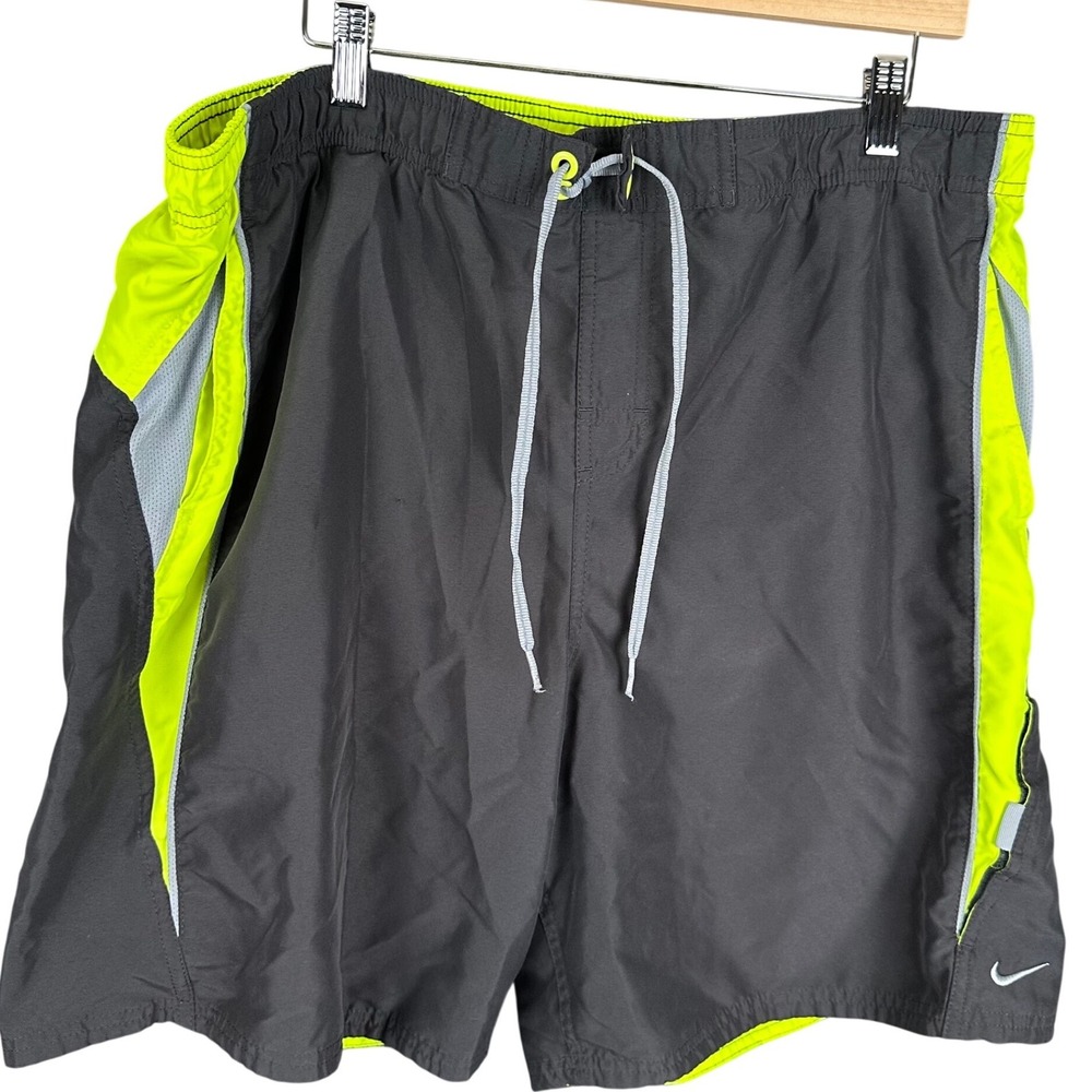 Nike Mens Swim Trunks XL Grey Neon Green Board Shorts Mesh Liner Drawstring